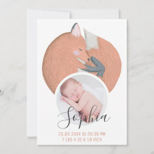 Fall Fox Watercolor Newborn Baby Photo Birth Announcement