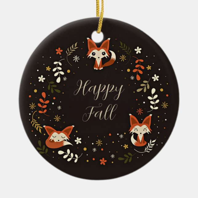 Fall Foxes with customizable text  Ceramic Ornament (Front)