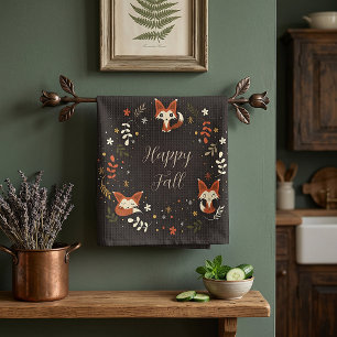 Fall Foxes with customizable text Kitchen Towel