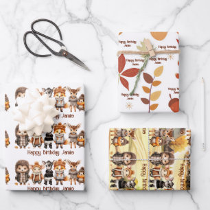 Fall Friends Cute Forest Animals Name Personalized Wrapping Paper Sheet
