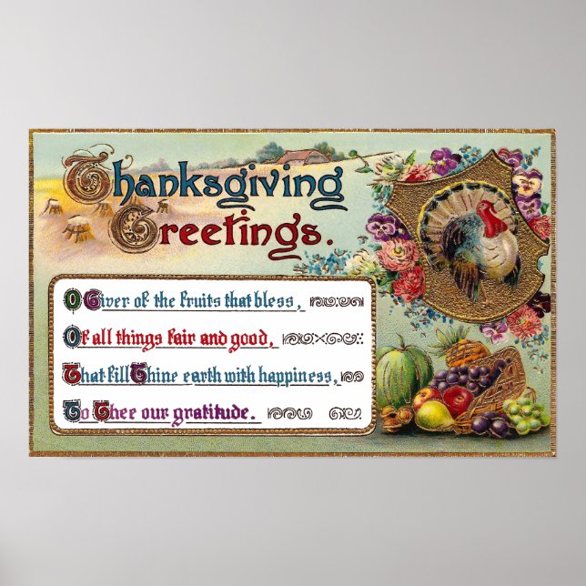 Fall Fruits and Turkey Vintage Thanksgiving Poster (Front)