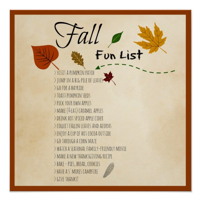 Fall Fun List Seasonal Autumn Harvest Activities Poster (Front)