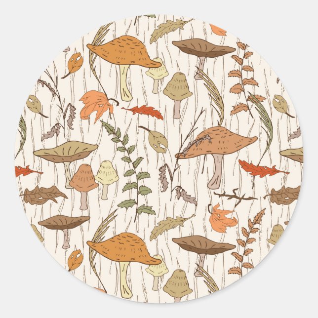 Fall Fungi and Leaves - seamless pattern. Classic Round Sticker (Front)