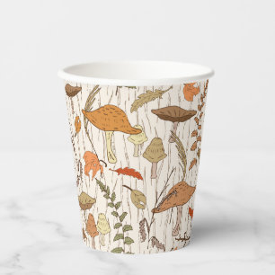 Fall Fungi and Leaves - seamless pattern. Paper Cups