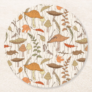 Fall Fungi and Leaves - seamless pattern. Round Paper Coaster