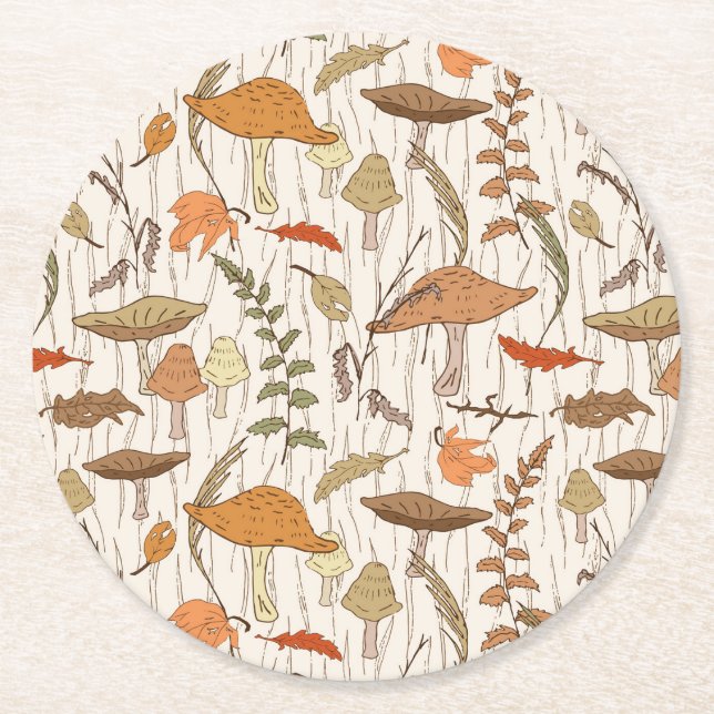 Fall Fungi and Leaves - seamless pattern. Round Paper Coaster (Front)
