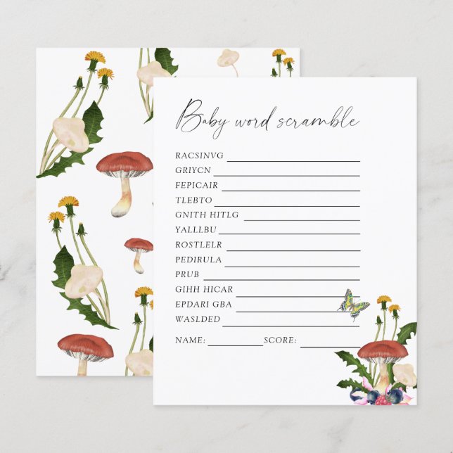 fall fungi - Word scramble baby shower game (Front/Back)