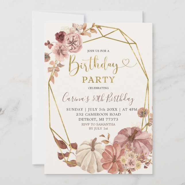 Fall Geometric Boho Floral Pumpkin Birthday Party Invitation (Front)