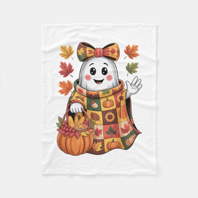 Fall Ghost Harvest Pumpkin Sket Patchwork Hallowee Fleece Blanket (Front)