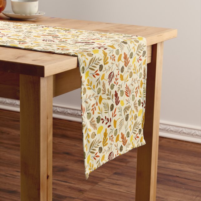 Fall Ginkgo Leaves and Olive Pattern Short Table Runner (In Situ)
