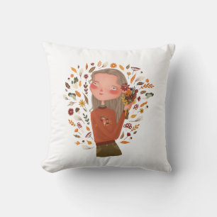Fall Girl Autumn Flowers and Leaves Drawing Throw Pillow