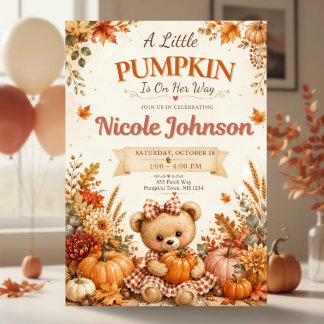 Fall Girl Baby Shower Little Pumpkin Teddy Bear Invitation