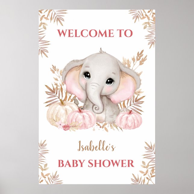 Fall Girl Elephant Baby Shower Welcome Sign  (Front)