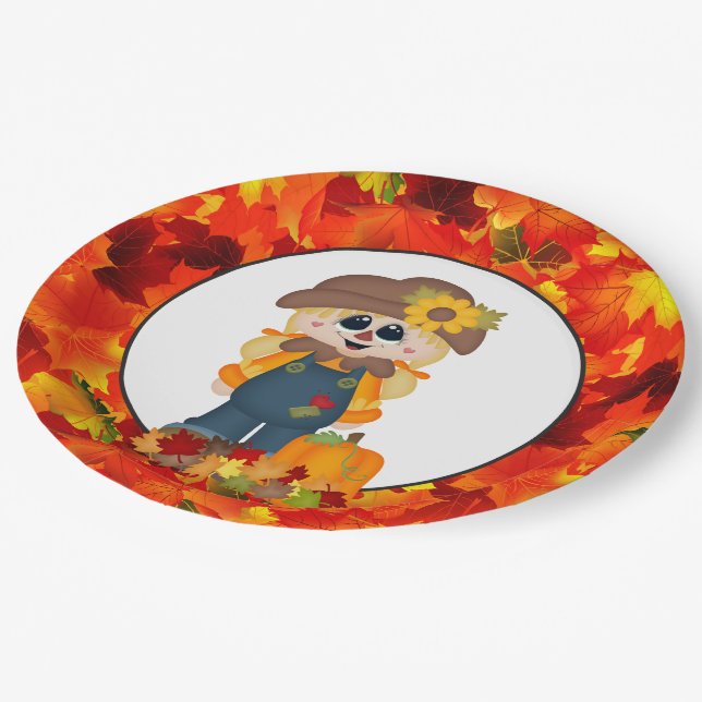 Fall girl scarecrow Seasonal party paper plate (Angled)