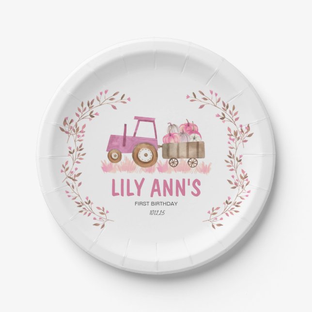 Fall Girl Tractor Birthday Invitation Paper Plate (Front)