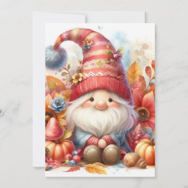 Fall gnome and leaves watercolor calligraphy text  invitation (Front)