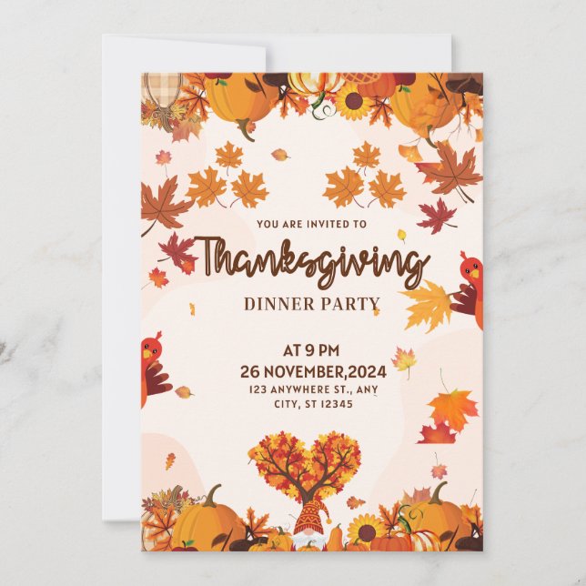 Fall Gnome with Pumpkins Heart Tree Art Invitation (Front)