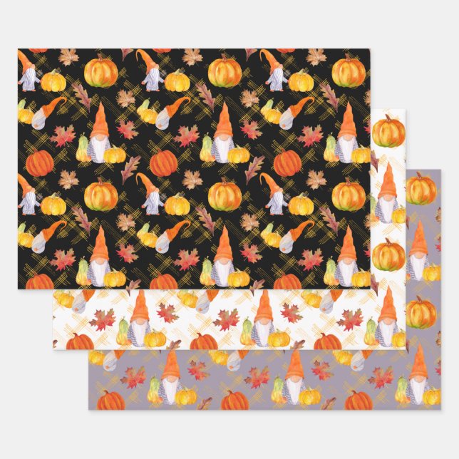 Fall Gnomes And Pumpkins Wrapping Paper Sheet (Set)