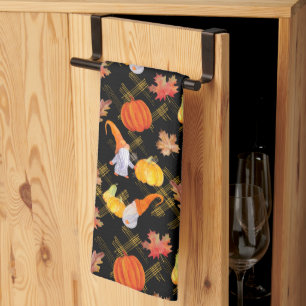 Fall Gnomes Black Background Kitchen Towel