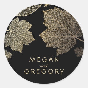 Fall Gold and Black Leaves Wedding Classic Round Sticker