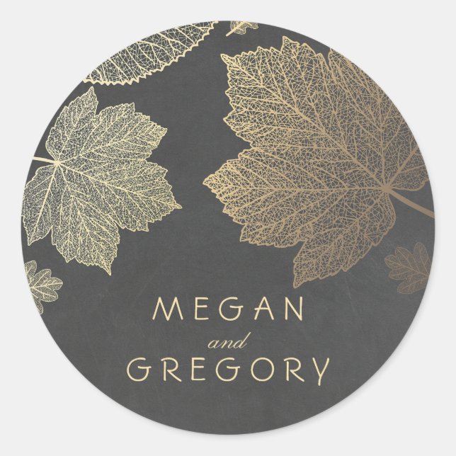 Fall Gold and Chalkboard Leaves Wedding Classic Round Sticker (Front)