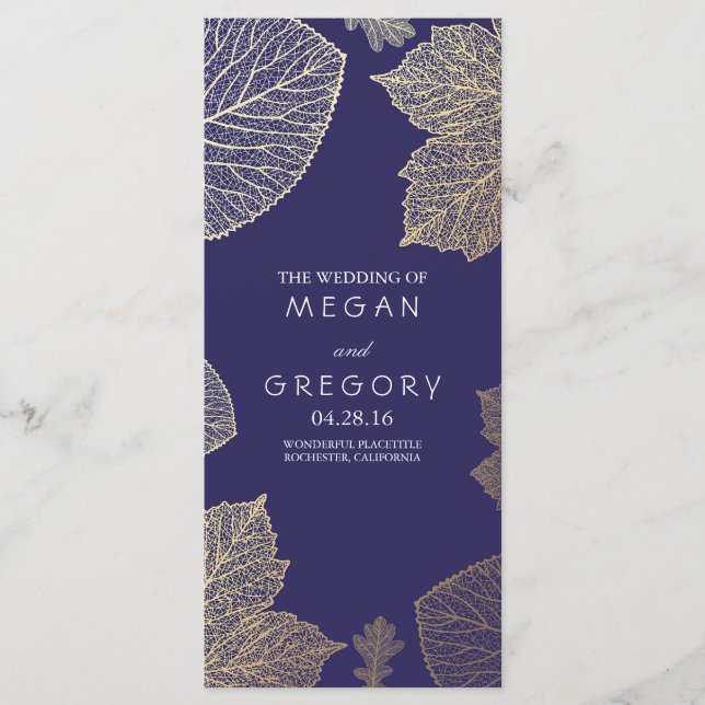 Fall Gold and Navy Leaves Wedding Programs (Front)