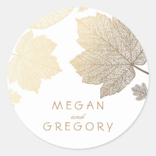 Fall Gold and White Leaves Wedding Classic Round Sticker