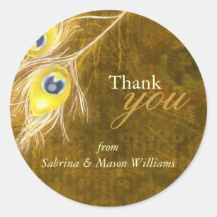 Fall Gold Brown Peacock Wedding Thank You Classic Round Sticker