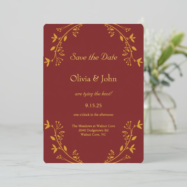 Fall Gold Foil Wedding Save the Date Invitation  (Standing Front)