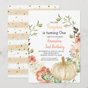 Fall Gold Glitter Pumpkin 1st Birthday Invitation