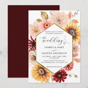 Fall Gold  Wildflowers Burgundy Colourful Wedding Invitation