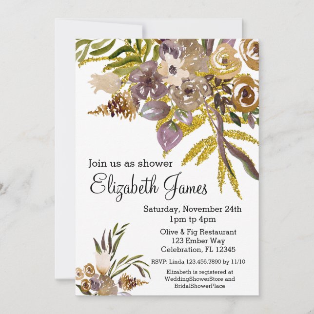 Fall Golden Autumn Floral Watercolor Bridal Invitation (Front)