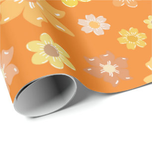 Fall Golden Flowers Seamless Orange Wrapping Paper