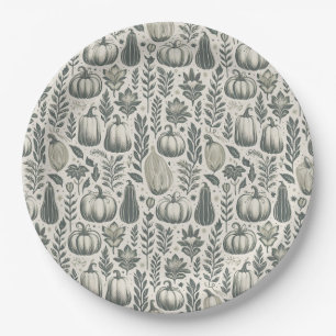 Fall Gourds Block Print in Green Paper Plate