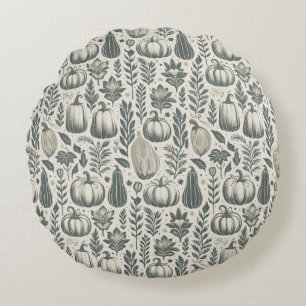 Fall Gourds Block Print in Green Round Pillow