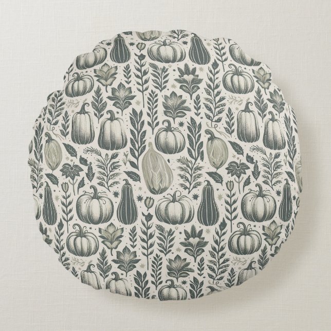 Fall Gourds Block Print in Green Round Pillow (Front)