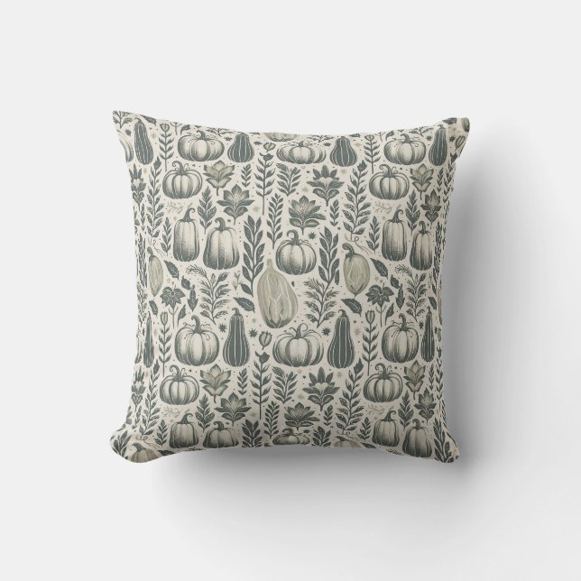 Fall Gourds Block Print in Green Throw Pillow (Front)