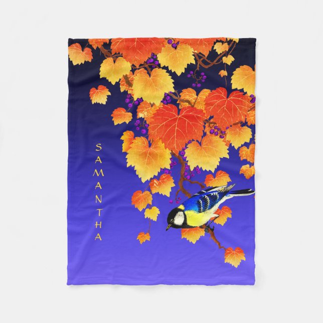 Fall Grape Vine Great Tit Bird Orange Leaves Blue Fleece Blanket (Front)