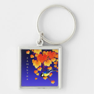 Fall Grape Vine Great Tit Bird Orange Leaves Blue Keychain