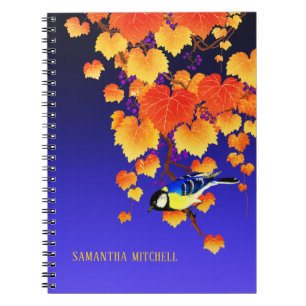 Fall Grape Vine Great Tit Bird Orange Leaves Blue Notebook