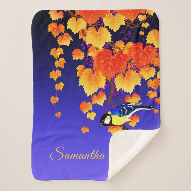 Fall Grape Vine Great Tit Bird Orange Leaves Blue Sherpa Blanket (Front)