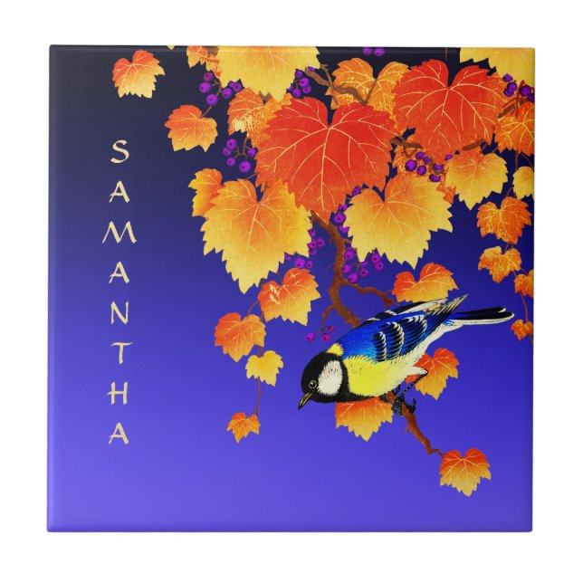 Fall Grape Vine Orange Gold Leaves Great Tit Bird Tile (Front)