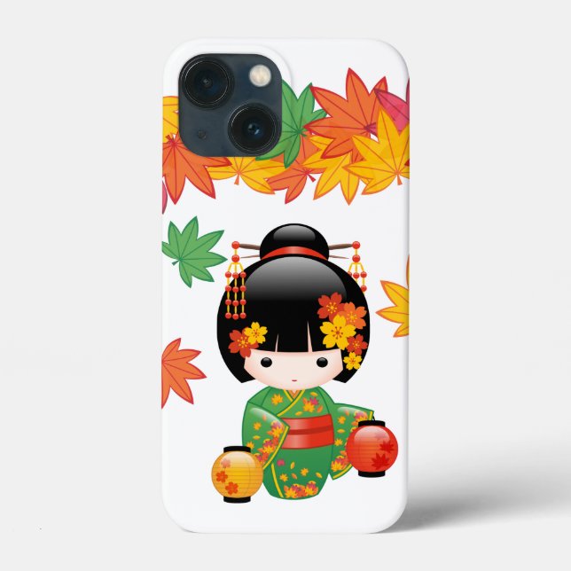 Fall Green Kimono Kokeshi Doll Maple Leaves Case-Mate iPhone Case (Back)