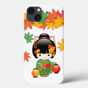 Fall Green Kimono Kokeshi Doll Maple Leaves iPhone 13 Case