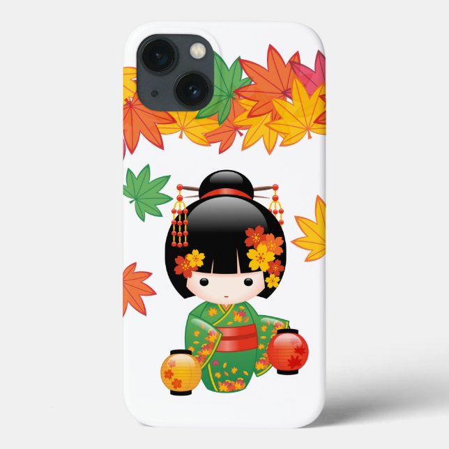 Fall Green Kimono Kokeshi Doll Maple Leaves Case-Mate iPhone Case (Back)