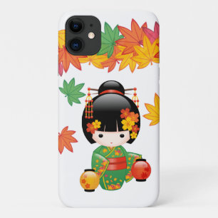 Fall Green Kimono Kokeshi Doll Maple Leaves iPhone 11 Case