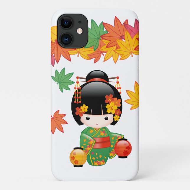 Fall Green Kimono Kokeshi Doll Maple Leaves Case-Mate iPhone Case (Back)