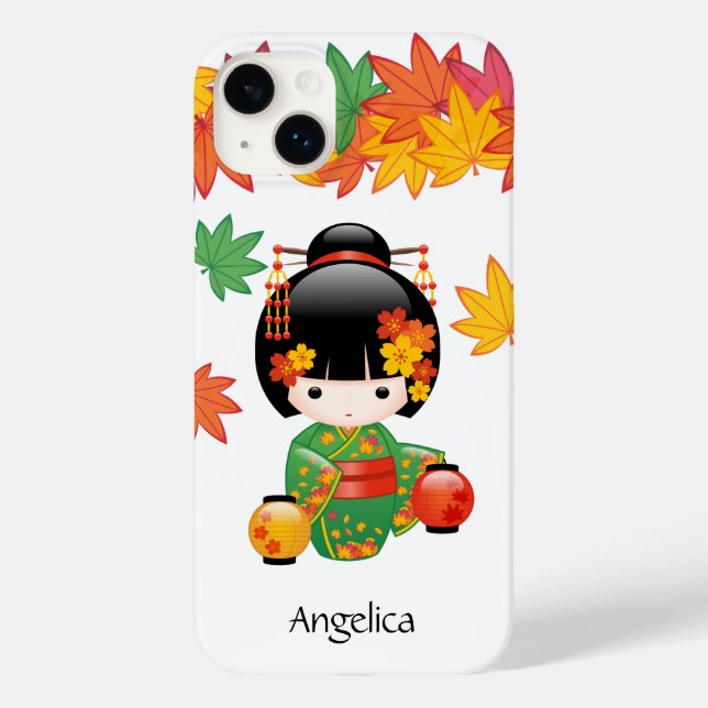Fall Green Kimono Kokeshi Doll Maple Leaves Case-Mate iPhone Case (Back)