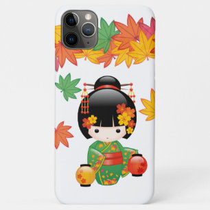 Fall Green Kimono Kokeshi Doll Maple Leaves iPhone 11 Pro Max Case