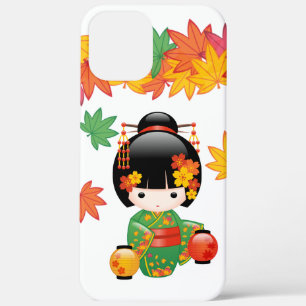 Fall Green Kimono Kokeshi Doll Maple Leaves iPhone 12 Pro Max Case